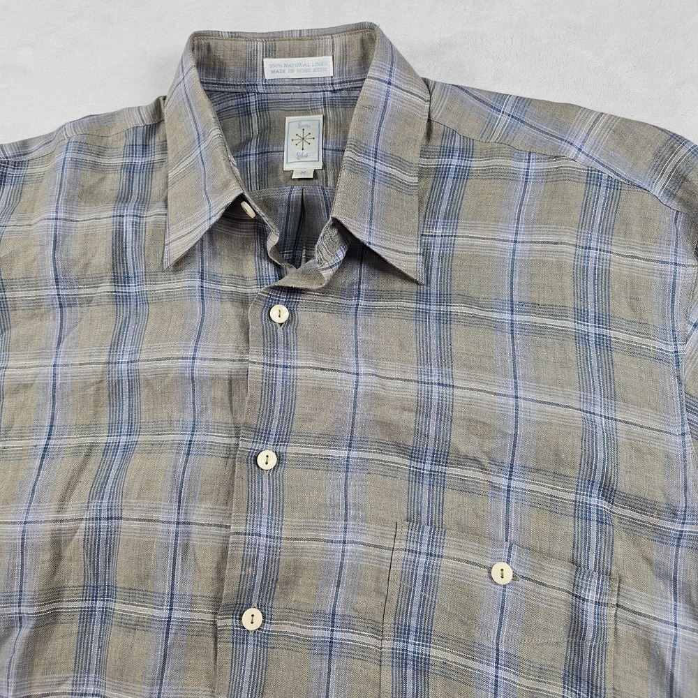 Vtg Burma Bibas Shirt Mens M 100% Linen Short Sleeve Button Hray Blue Plaid
